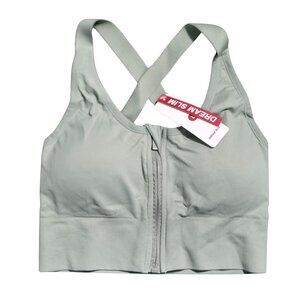 NWT | Dream Slim Sage Green Front-Zip Sports Bra | Criss-Cross Back | L